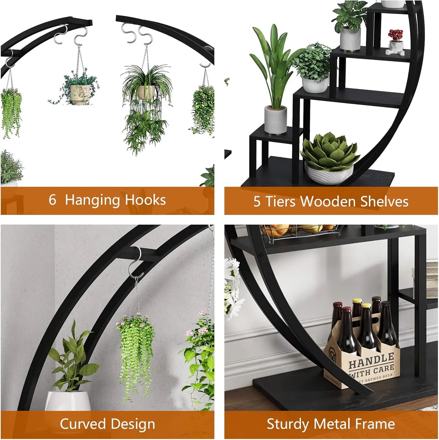 5-Tier Metal Plant Stand Indoor, Half Moon Shape Tall Garden Plant Holder, Round Flower Shelf Rack with 6 Hanging Hooks for Home
