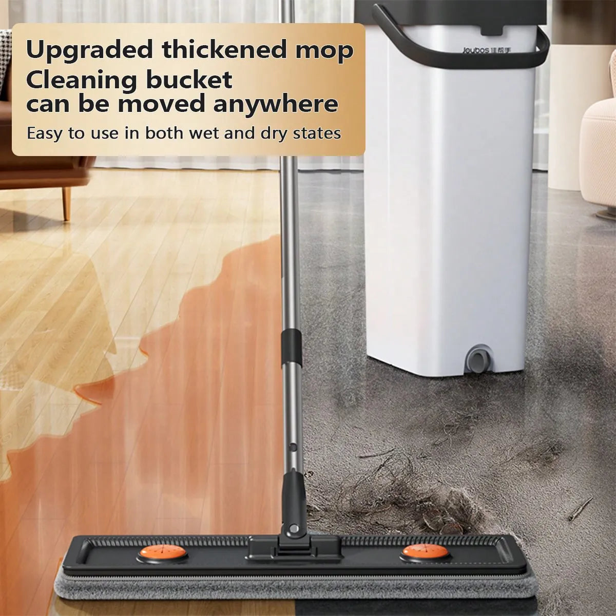 1 Pc Flat Mop And Bucket Set, With 2PCS Washable Composite Microfiber Mops Pad, With Self-Cleaning System, With Self-Wringing