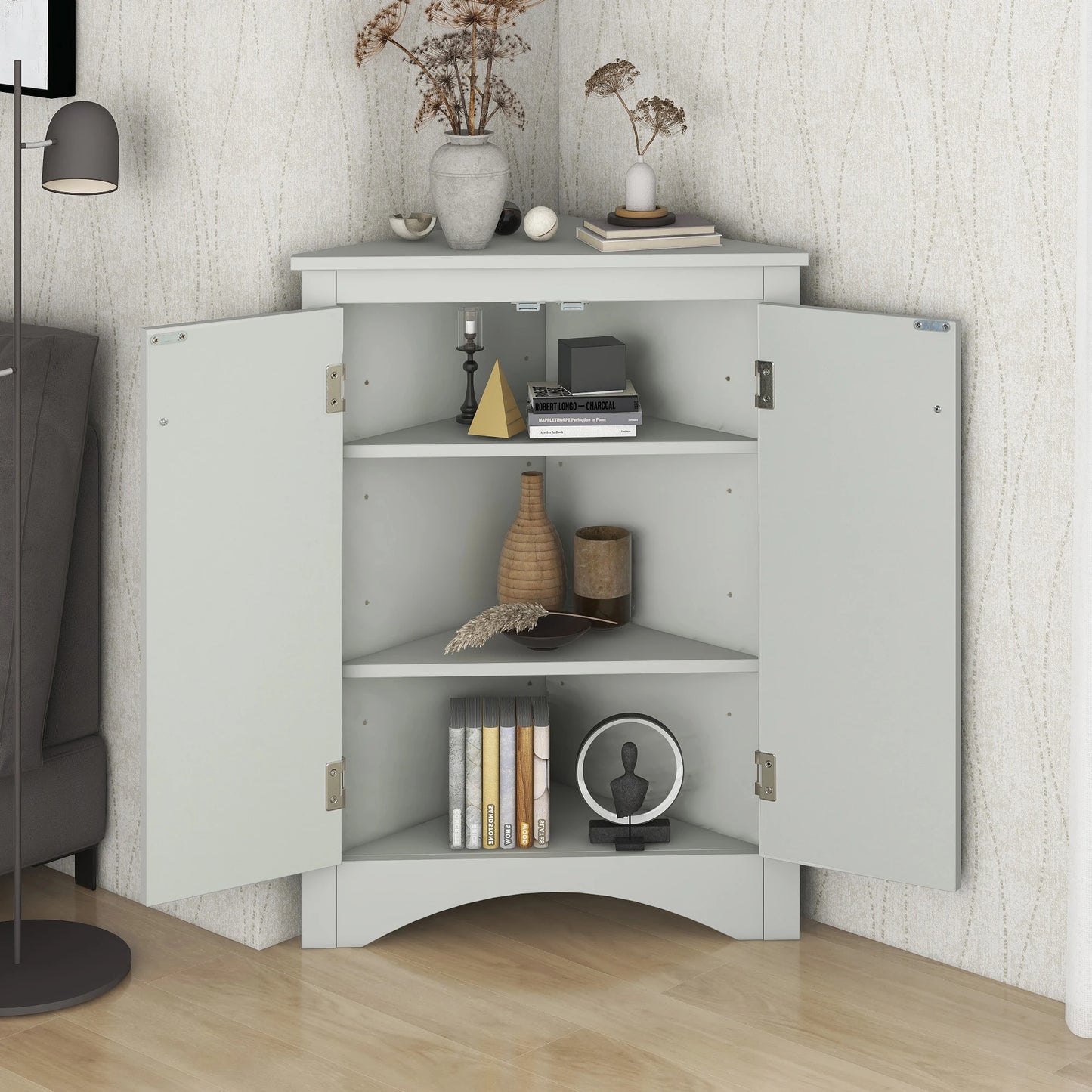 Grey color Triangle Bathroom Storage Cabinet with Adjustable Shelves, Freestanding Floor Cabinet for Home Kitchen