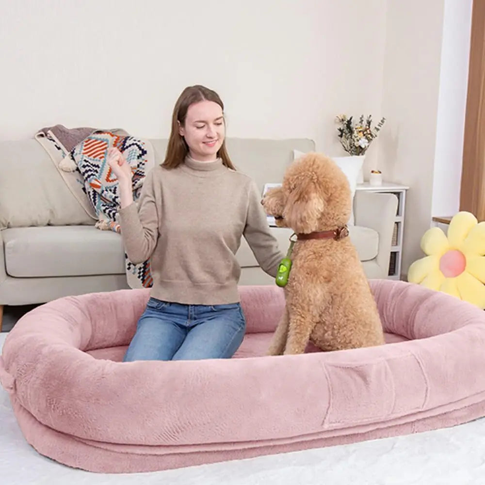 Jumbo Plush Dog Bed for Humans & Pets, 77x51x11, Elevated Edge, Removable Cover, Waterproof, with Bonus Blanket