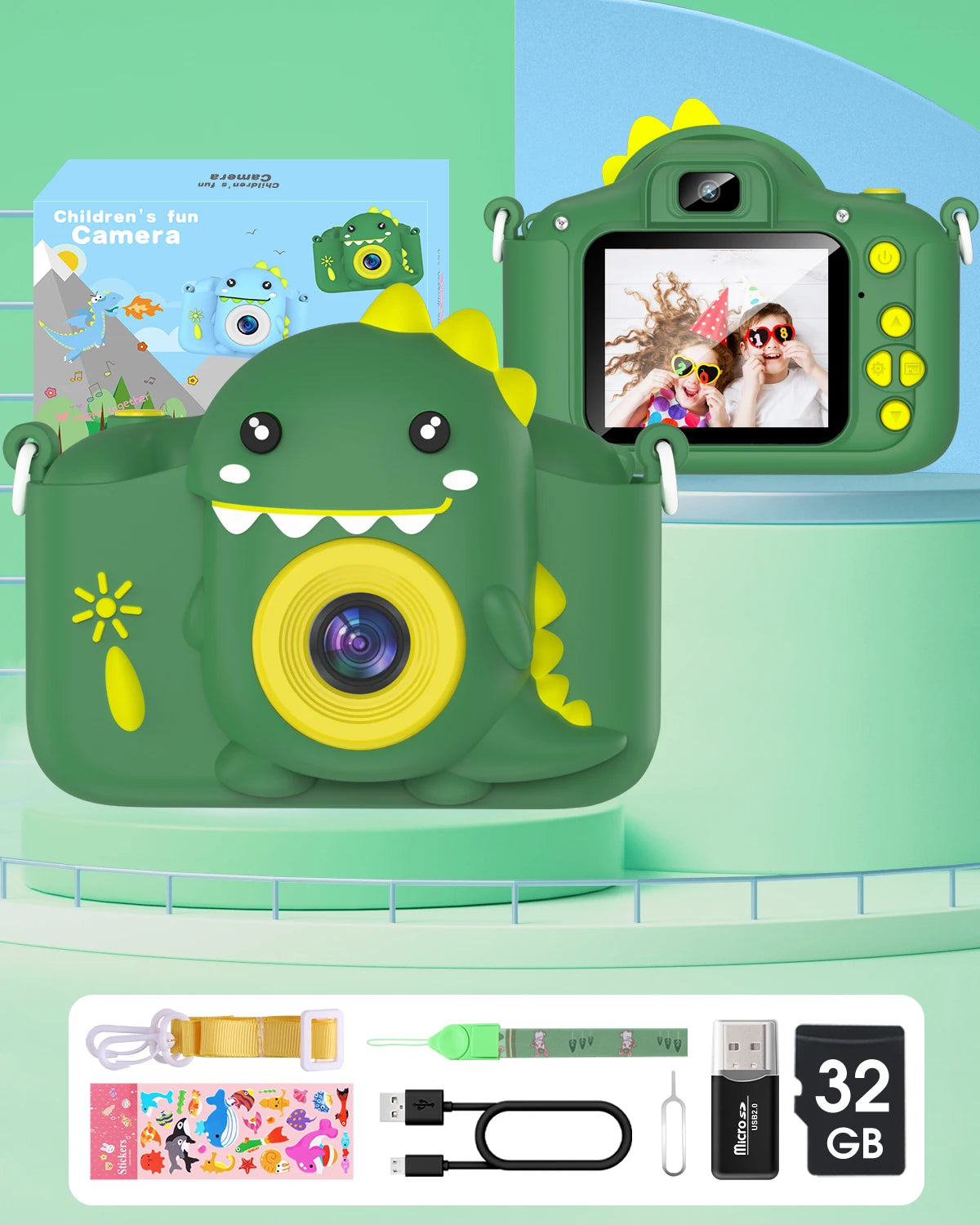 Kids Dinosaur Camera Portable Selfie Camera 1080P HD Digital Camera With 32GB Card Gift For Children Aged 3-12