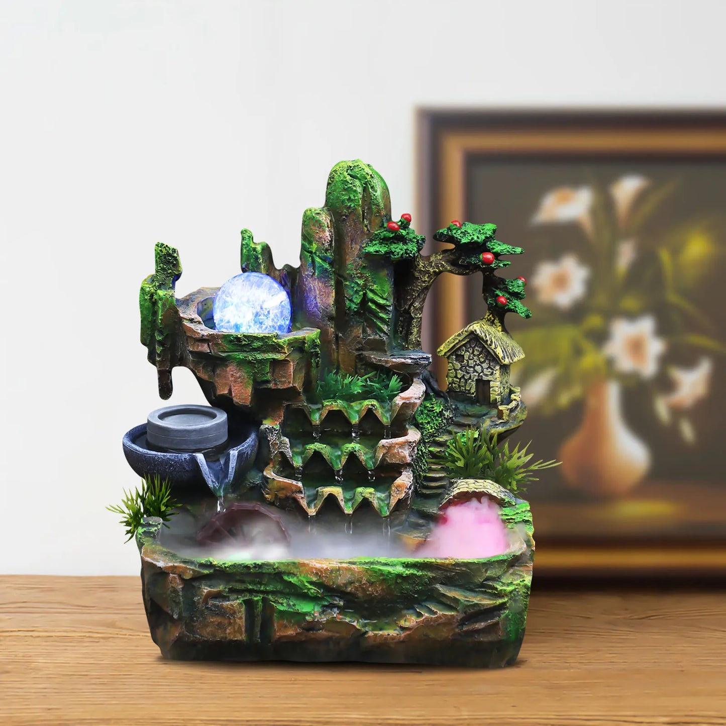 Feng Shui Water Fountain Desktop Color Changing LED Lights 110V US Plug Rustic Resin Office Decor Flowing Waterfall 26x20x28cm