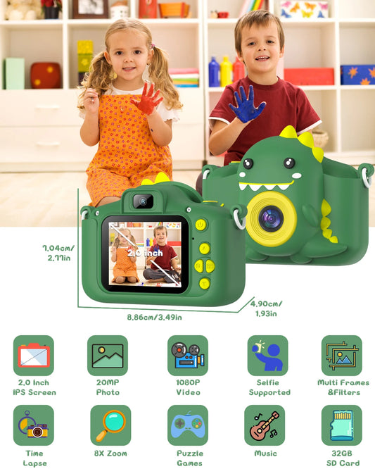 Kids Dinosaur Camera Portable Selfie Camera 1080P HD Digital Camera With 32GB Card Gift For Children Aged 3-12