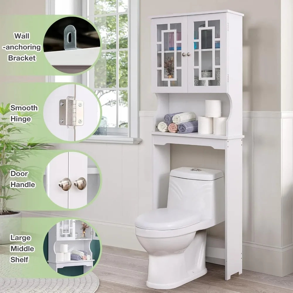 Over-the-Toilet Wooden Storage Cabinet with Adjustable Shelf and 2 Glass Doors - Space-Saving Bathroom Organizer and Home Storag