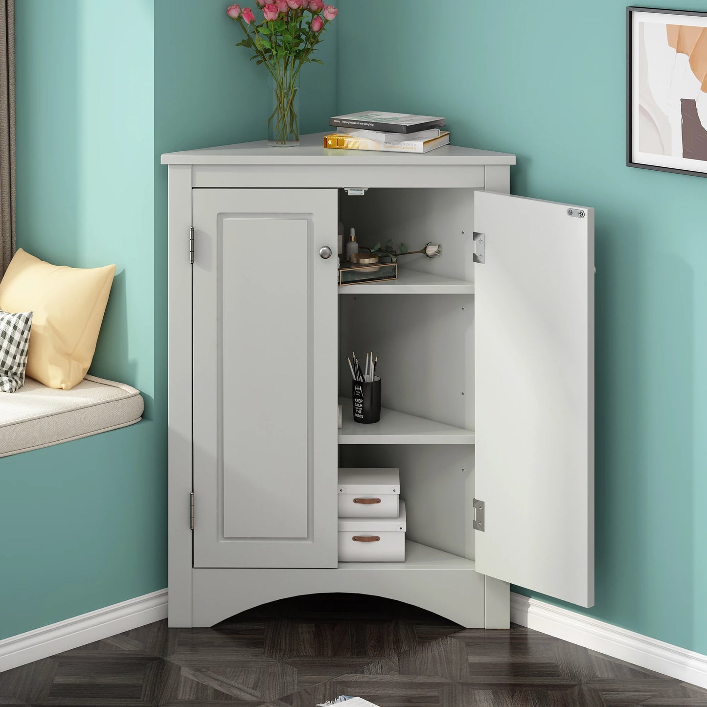 Grey color  Triangle Bathroom Storage Cabinet with Adjustable Shelves, Freestanding Floor Cabinet for Home Kitchen