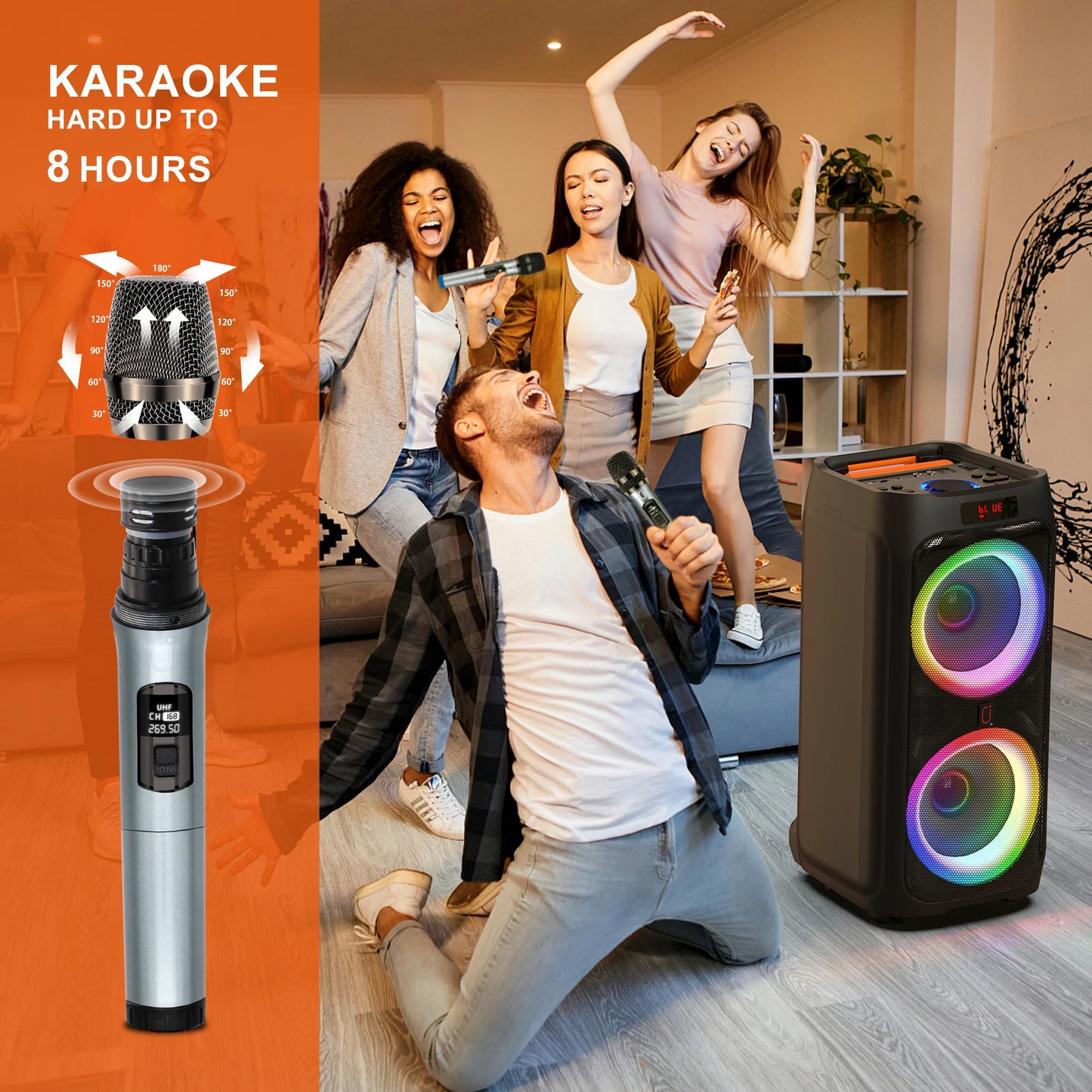 Karaoke Machine with 2 Wireless Microphones, Portable Bluetooth Speaker for Adults & Kids, Big Party PA System with Disco Lights