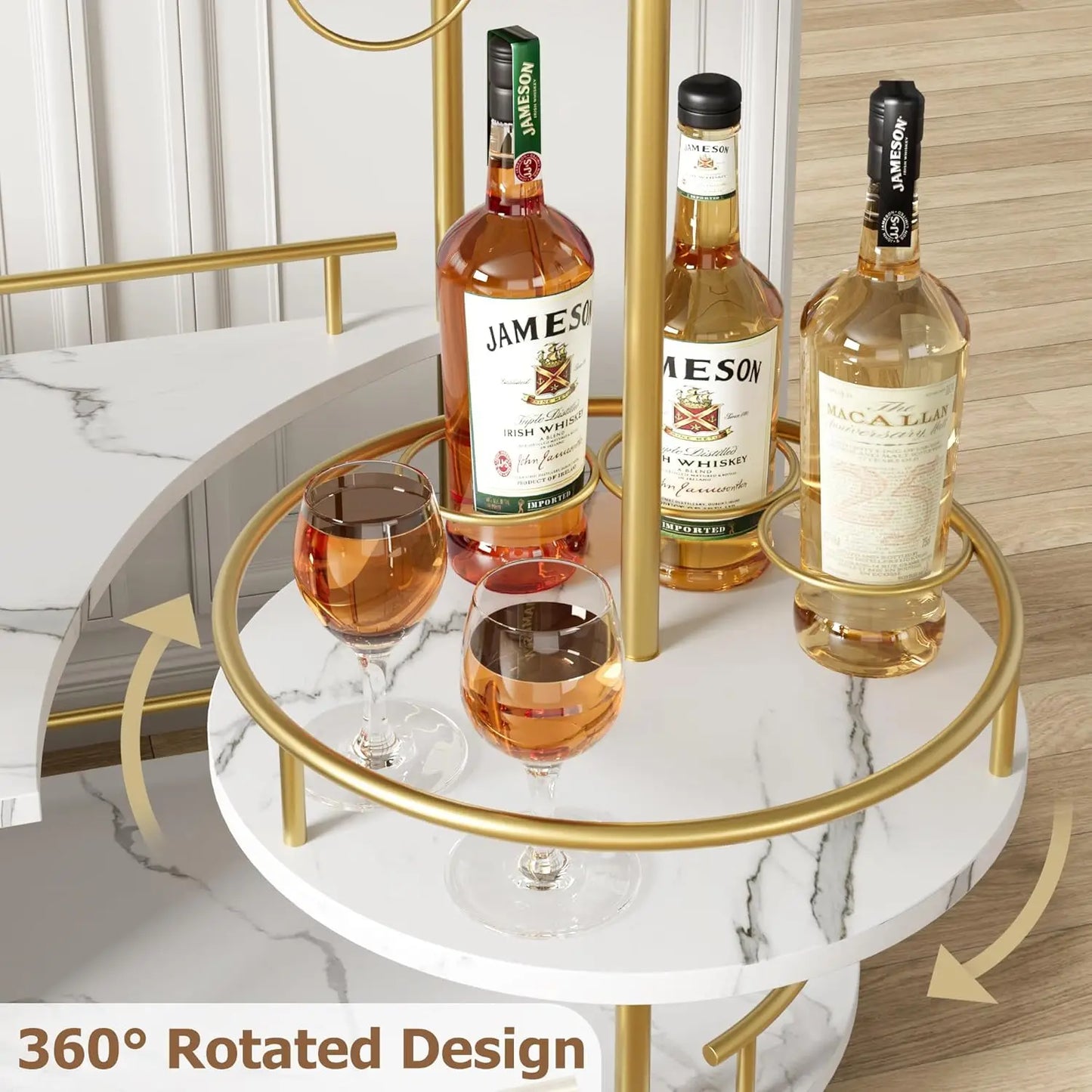 Gold Bar Carts with 4-Tiers Storage Shelves Mobile Bar Seving Carts On Wheels with Wine Rack and Glass Holder for Kitchen
