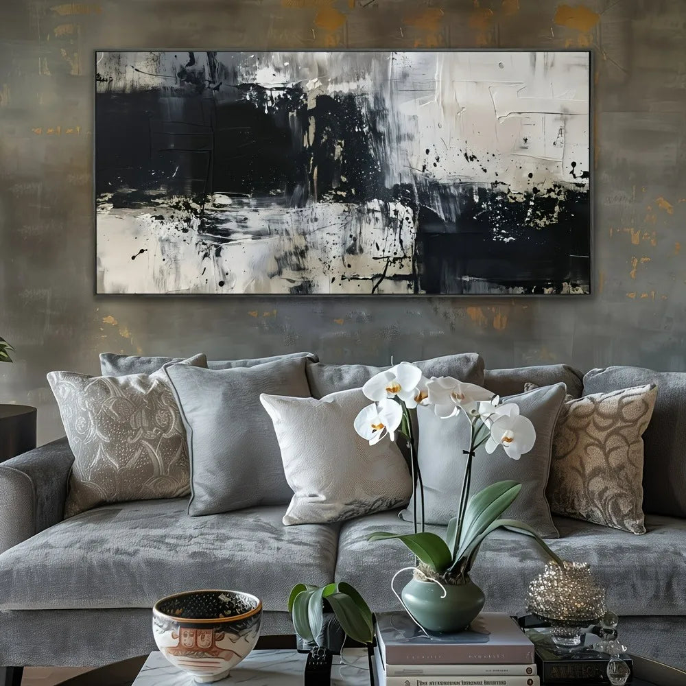1.5 inch solid wood frame, abstract canvas mural, black and gray wall decoration, large frame, can be hung directly