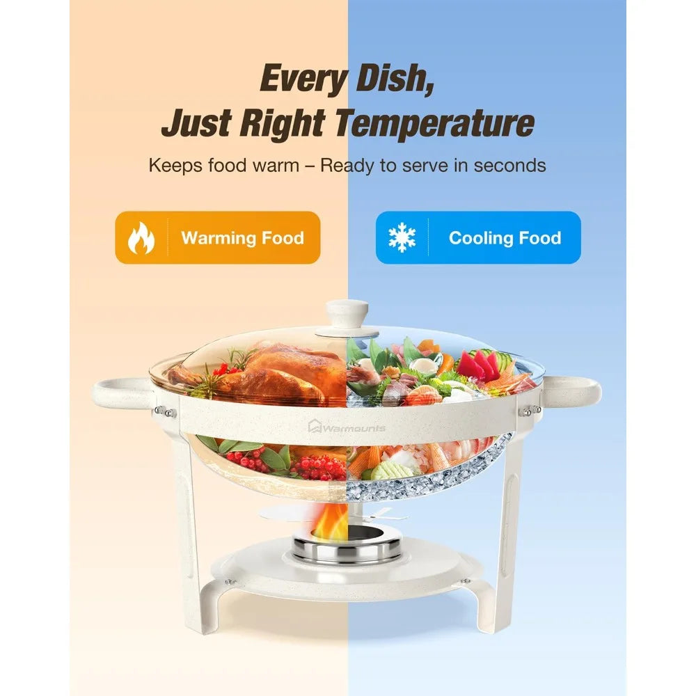 Round Chafing Dishes for Buffet (5QT, 4 Pack)-Maifanite-Coated, Food-Grade Stainless Steel, Rolled Edge Design, Lid Holder, Chaf