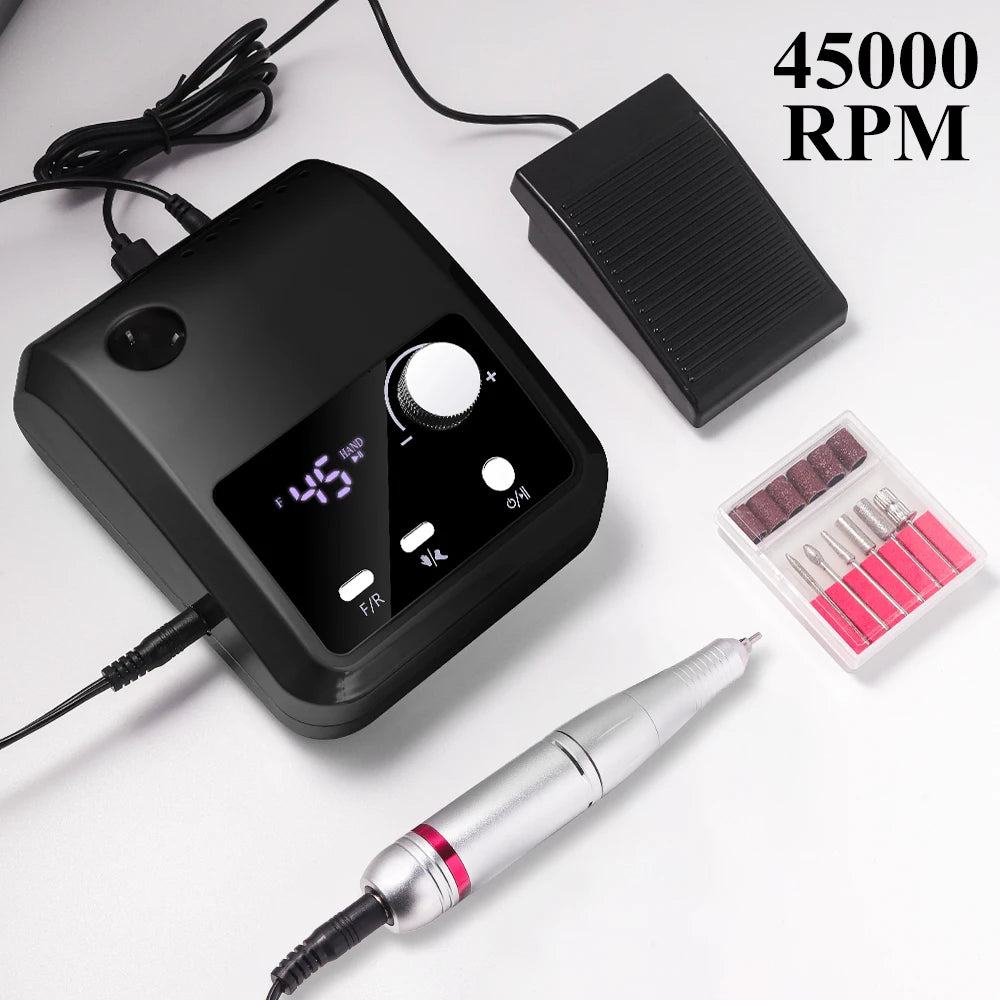 Electric Nail Drill Machine Professional 45000RPM Electric E File with LCD Display for Acrylic Gel Polishing Removing Manicure