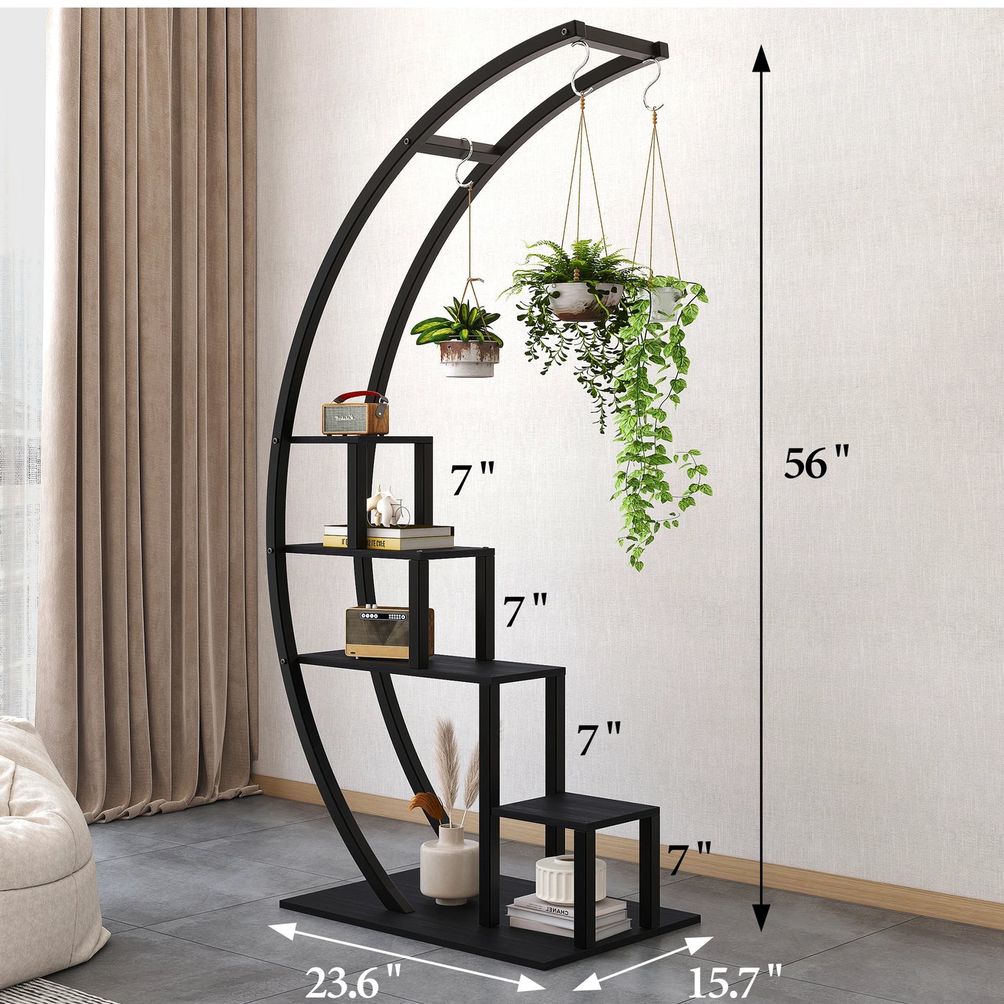 5-Tier Metal Plant Stand Indoor, Half Moon Shape Tall Garden Plant Holder, Round Flower Shelf Rack with 6 Hanging Hooks for Home