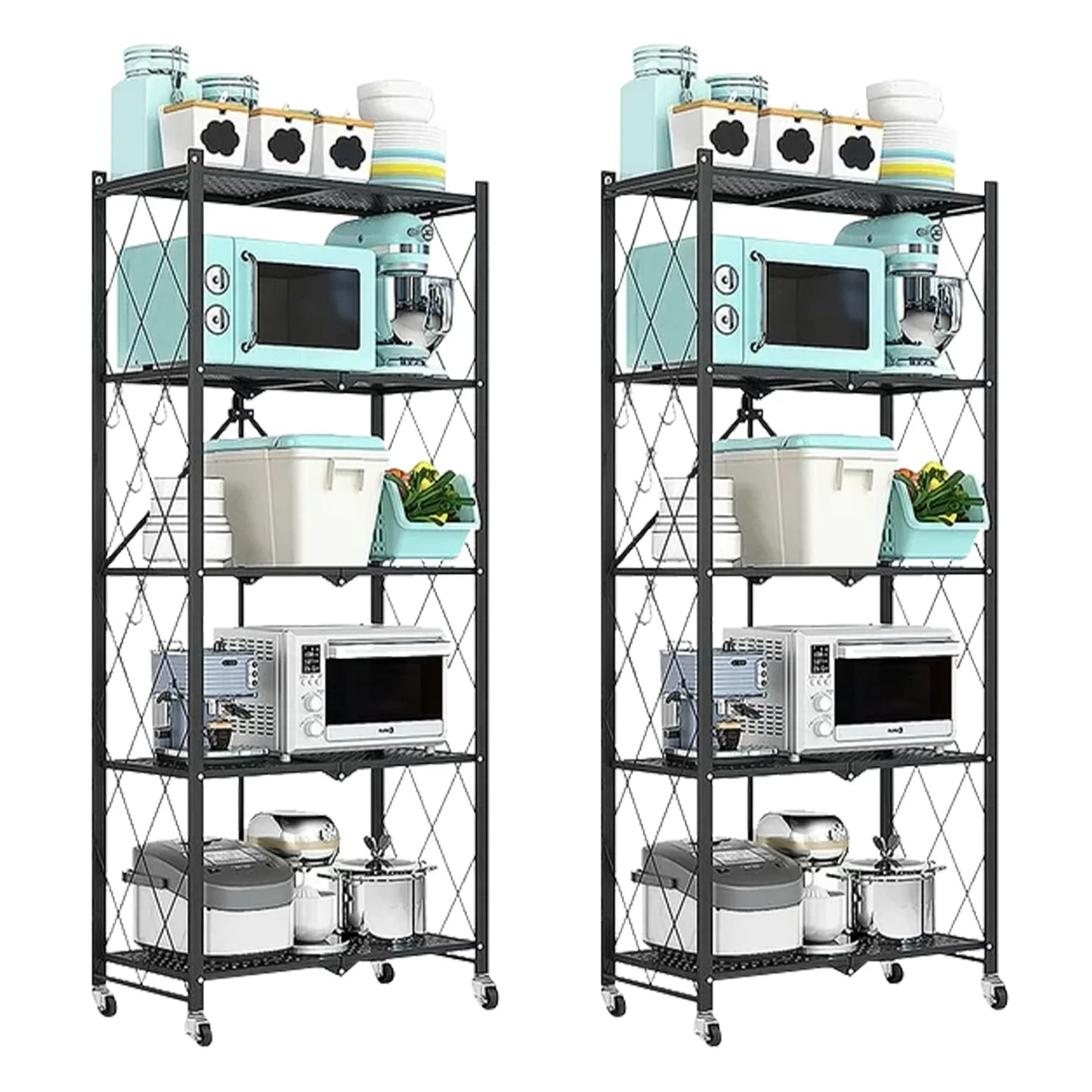 Storage Shelving 5-Tier With Wheel Unit Metal Shelf Adjustable Heavy Duty Foldable Organizer Rack for Home Kitchen Office Pantry