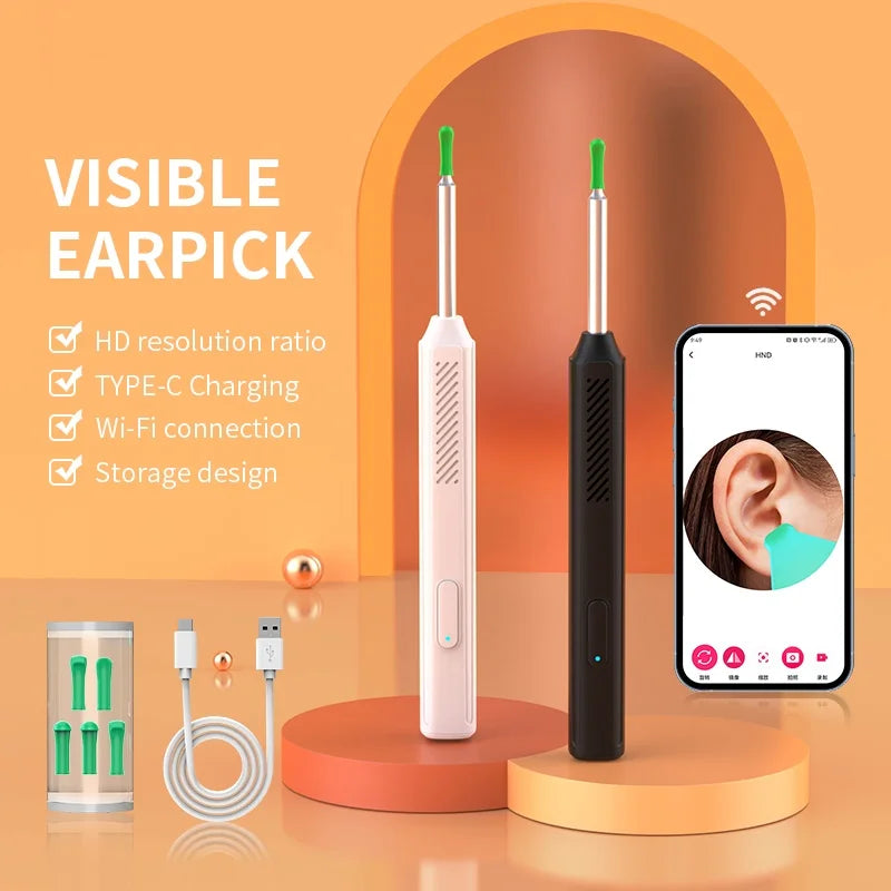 Ear wax removal camera tool set, 1080P high-definition, LED light, APP viewing, with 6 replaceable spoon heads, USB charging
