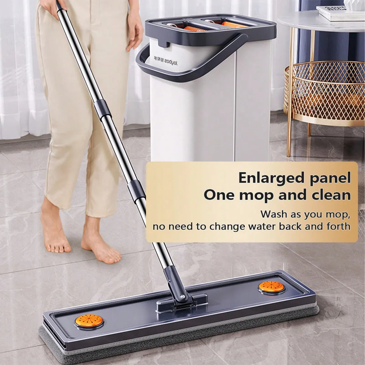 1 Pc Flat Mop And Bucket Set, With 2PCS Washable Composite Microfiber Mops Pad, With Self-Cleaning System, With Self-Wringing