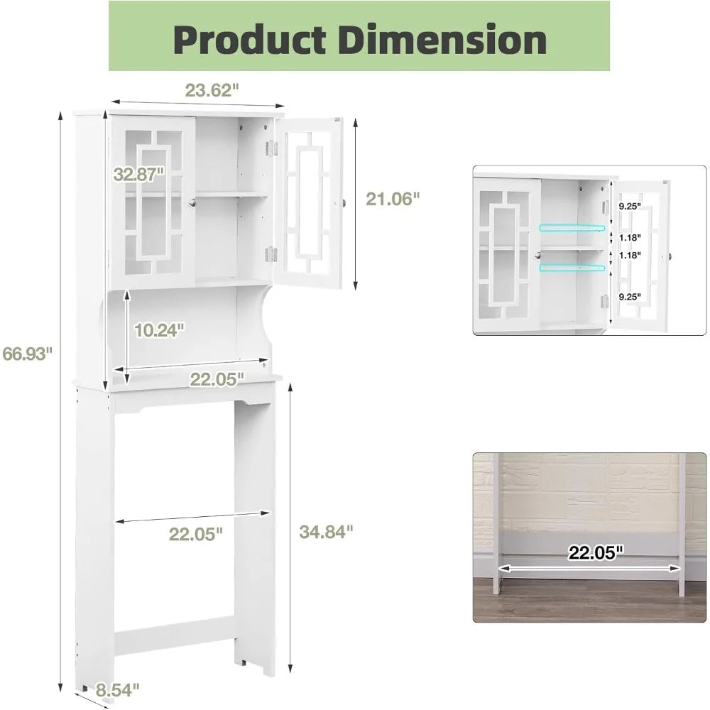 Over-the-Toilet Wooden Storage Cabinet with Adjustable Shelf and 2 Glass Doors - Space-Saving Bathroom Organizer and Home Storag
