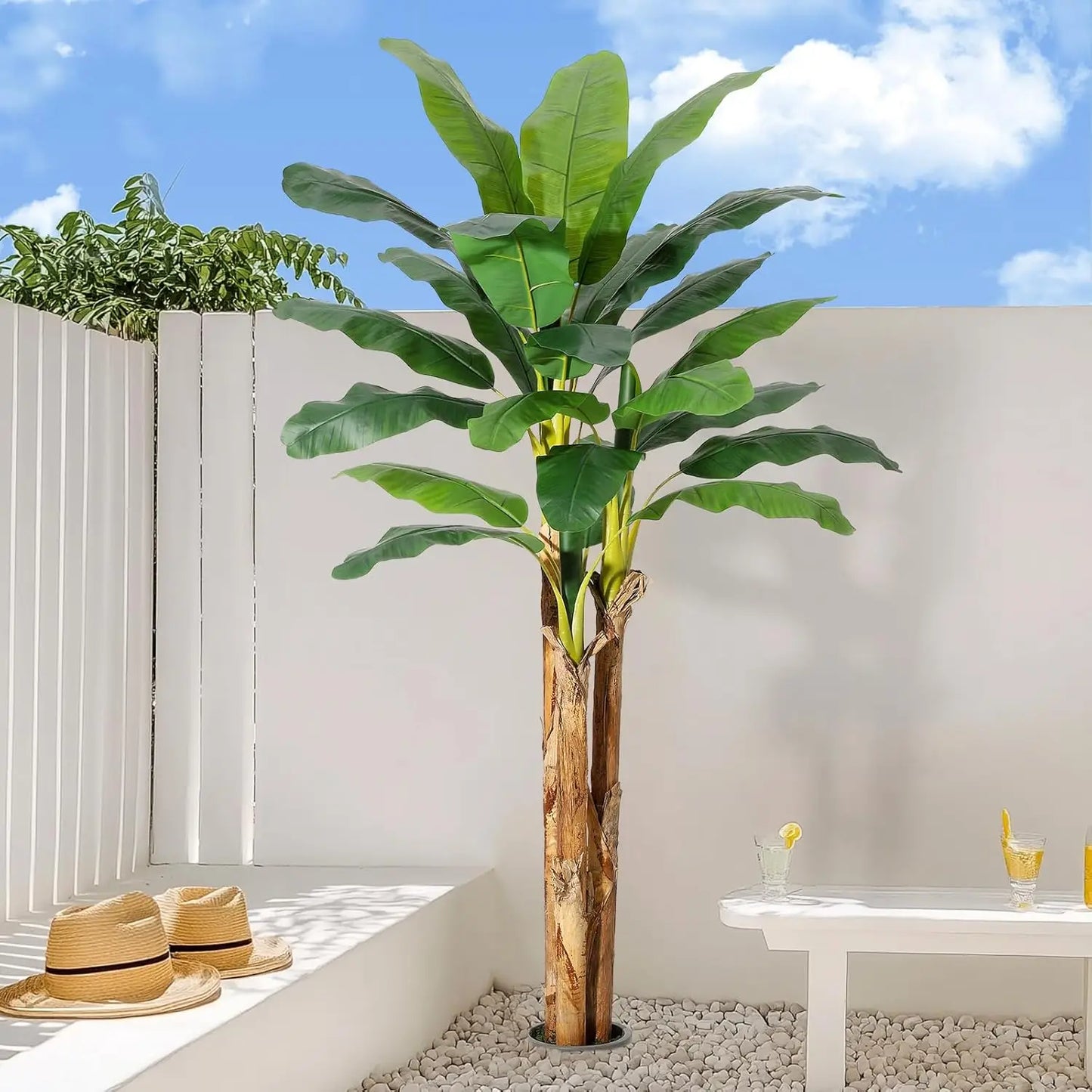 Artificial Banana Tree 7FT/6FT/5FT, Faux Banana Tree with Grey Planter, Artificial Plants with Fake Banana Leaves Plant for Home