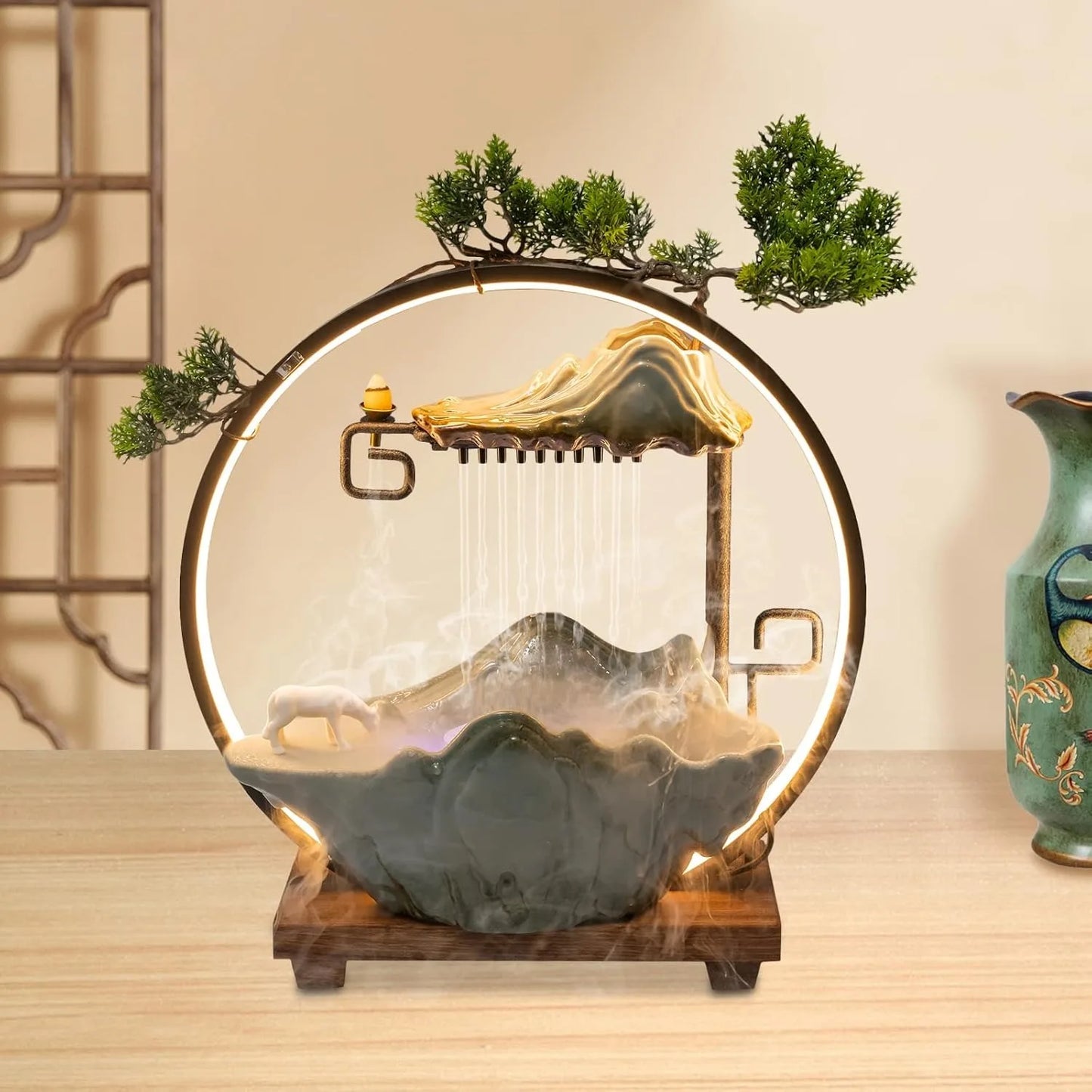Tabletop Water Fountain Indoor Waterfall with Round Led Light & Mist Maker and Incense Holder for Home Office Decor for Good Luck