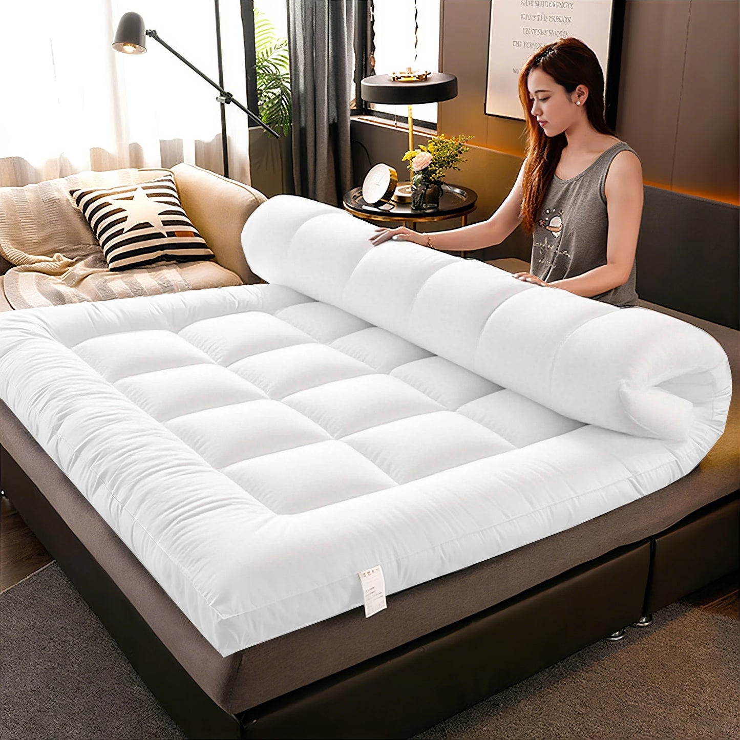 Mattress Topper Extra Thick Mattress Pad Cover for Back Pain, Cooling Mattress Protector, Overfilled Down Alternative Filling