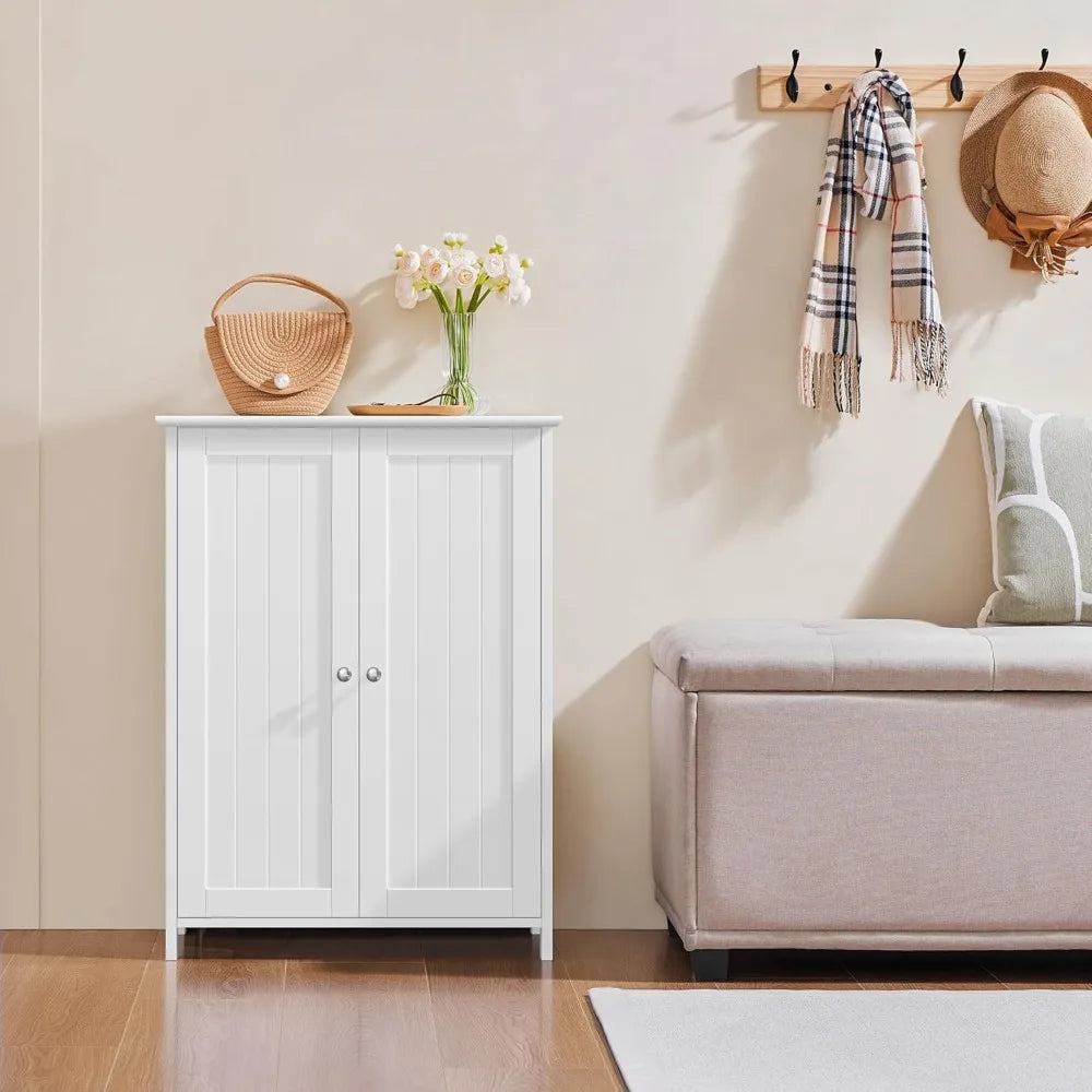 White Bathroom Floor Cabinet with Double Doors & Adjustable Shelves for Home Storage