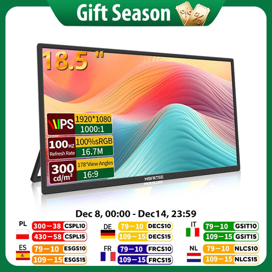 HGFRTEE 18.5inch 100Hz Portable Monitor With VESA Hole Stand PC Gaming Extended Display ADS-IPS Large screen Support Type-C HDMI