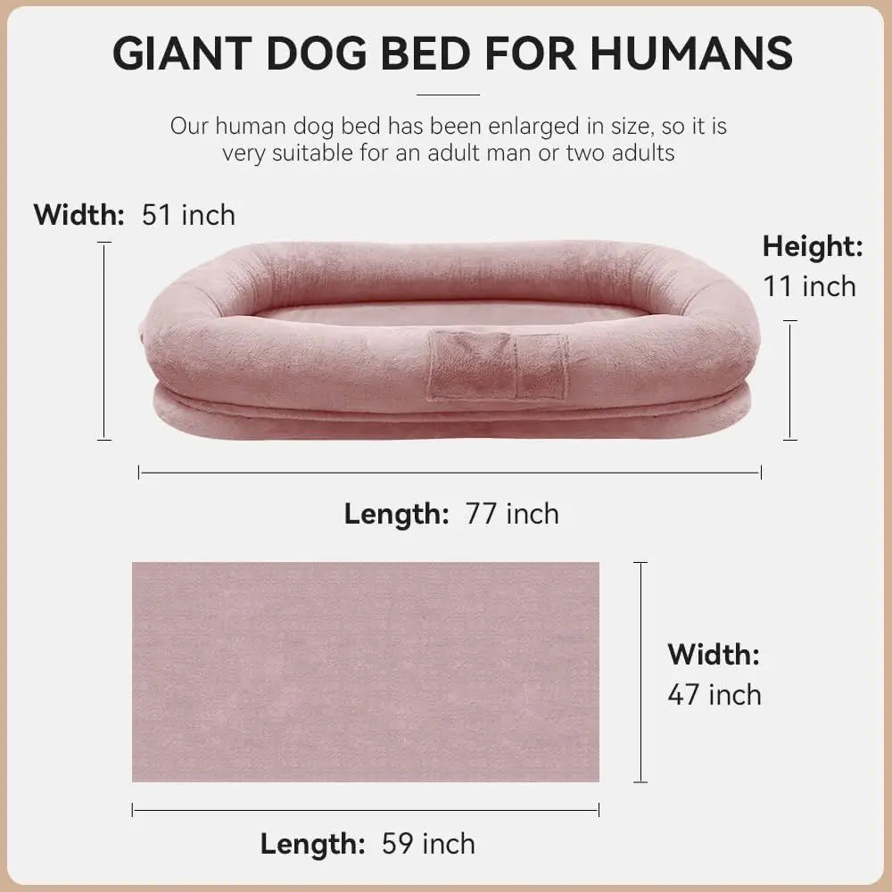 Jumbo Plush Dog Bed for Humans & Pets, 77x51x11, Elevated Edge, Removable Cover, Waterproof, with Bonus Blanket
