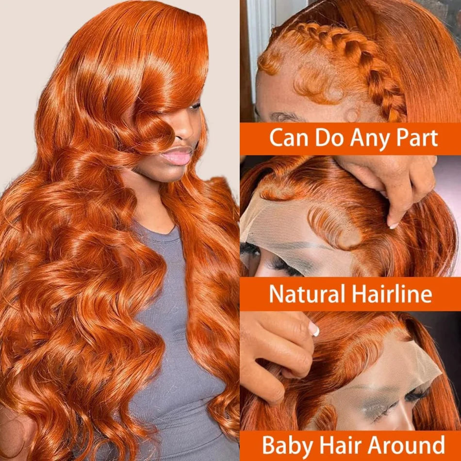 Ginger Human Hair Wigs Body Wave Frontal Wig 13X6 Human Hair Colored Lace Front Wig 30 36 Inch Brazilian Pre Plucked 250 Density