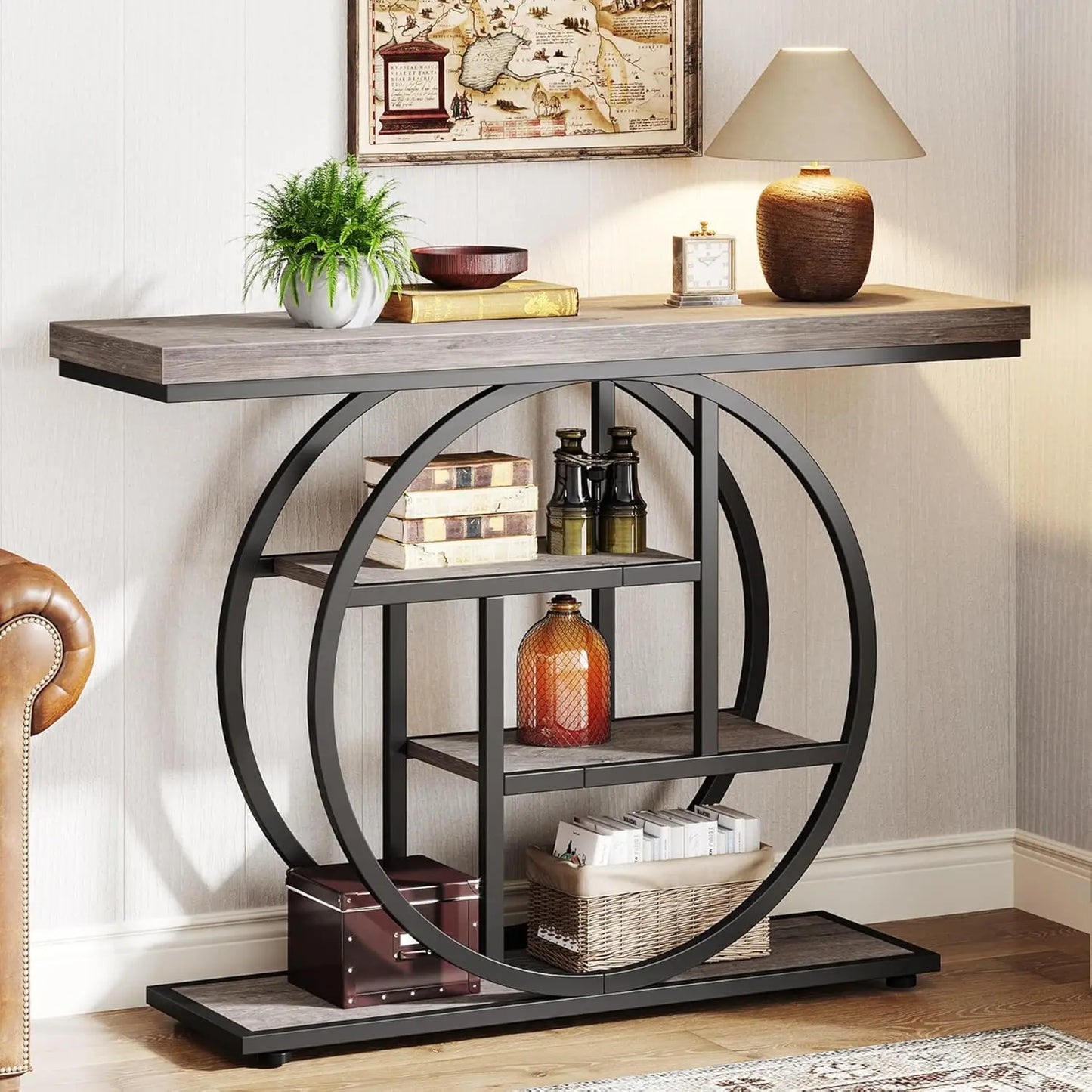 41.3 Inch Console Table, Industrial Style Four Tier Sofa Table Entry Table with Round Base with Storage Shelf
