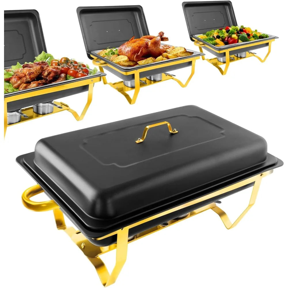 NKTOLEE Chafing Dishes for Buffet 4 Pack, [Matte Black and Gold] Chafing Dish Buffet Set, 8QT [Scratch Resistant Finish] Food Wa