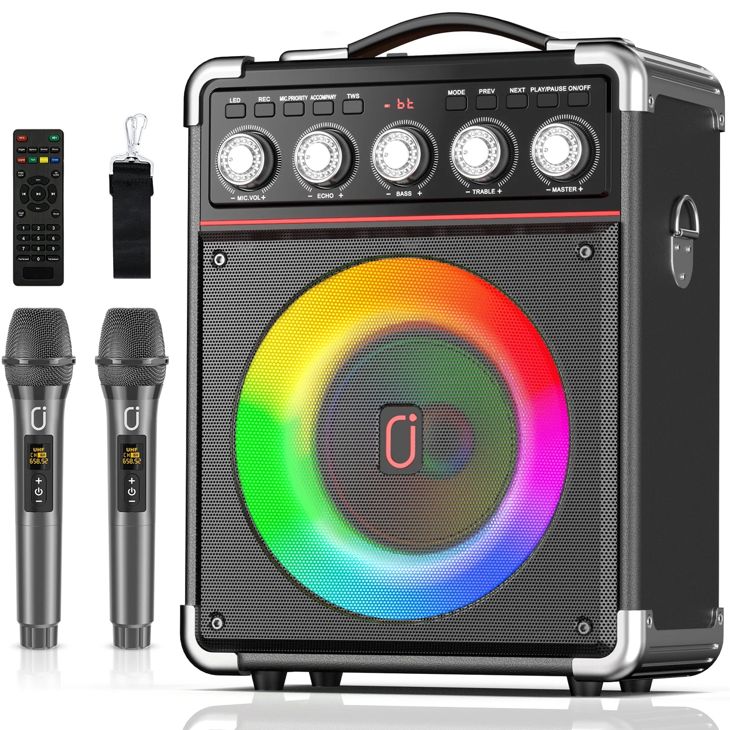 FanFun Karaoke Machine with 2 Wireless Mics & 1 Wired Mic,Portable Bluetooth Karaoke Speaker with LED Lights for Kids and Adults