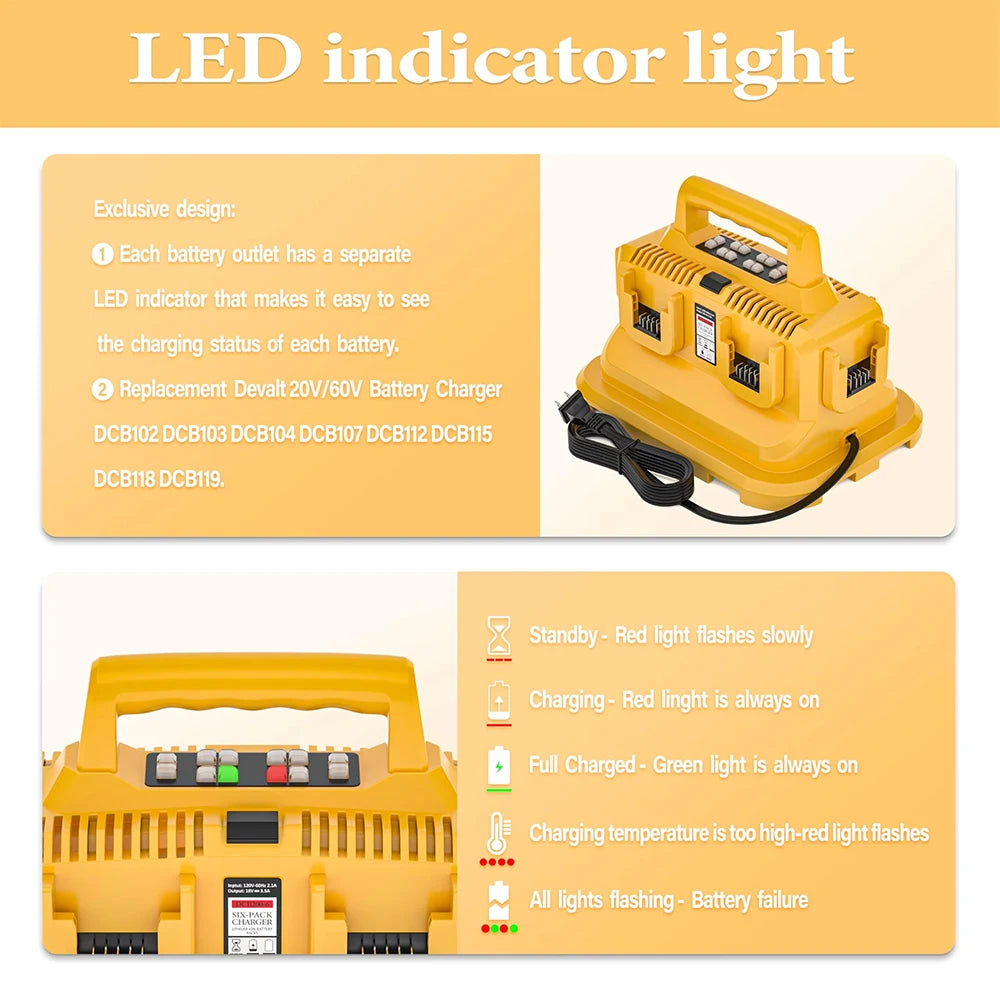 6-Ports For Dewalt Rapid Battery Charger Station,Replacement for Dewalt Flexvolt 20V/60V Battery DCB200 DCB205 DCB606 DCB609