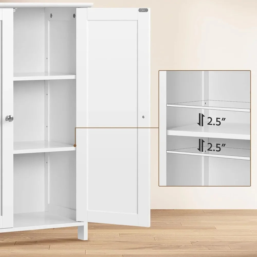 White Bathroom Floor Cabinet with Double Doors & Adjustable Shelves for Home Storage
