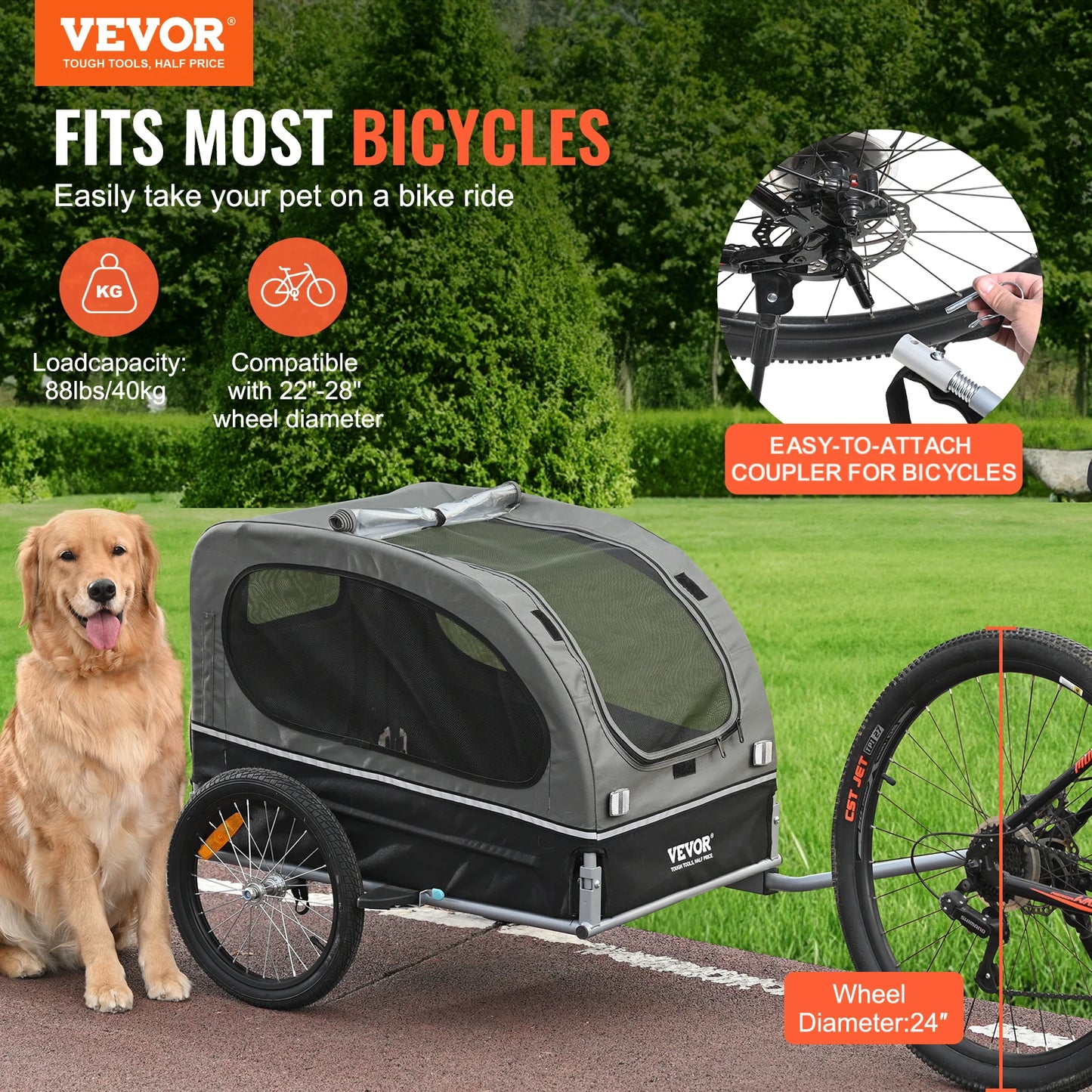 SucceBuy 88 lbs Dog Bike Trailer Pet Cart Bicycle Carrier with Wheels Coupler Reflectors Flag Collapsible to Store for Dogs
