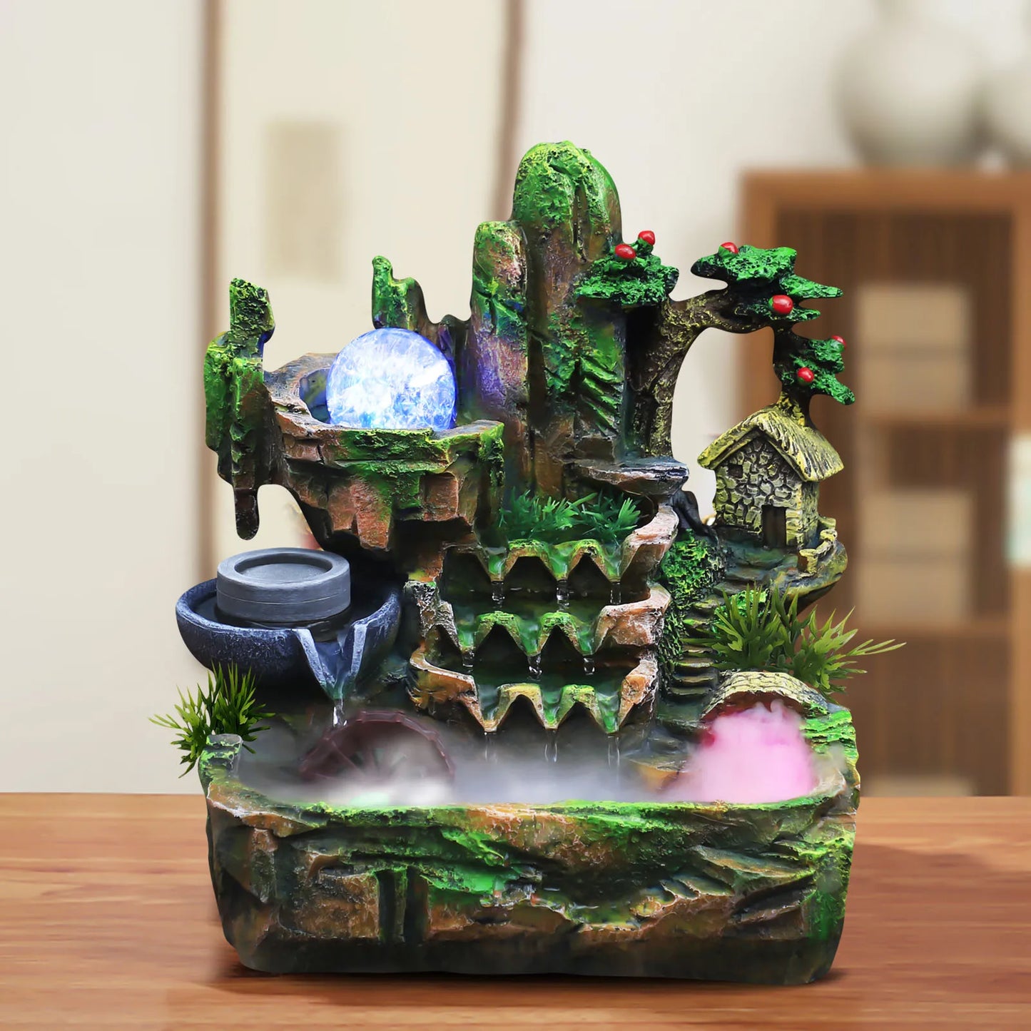 Feng Shui Water Fountain Desktop Color Changing LED Lights 110V US Plug Rustic Resin Office Decor Flowing Waterfall 26x20x28cm