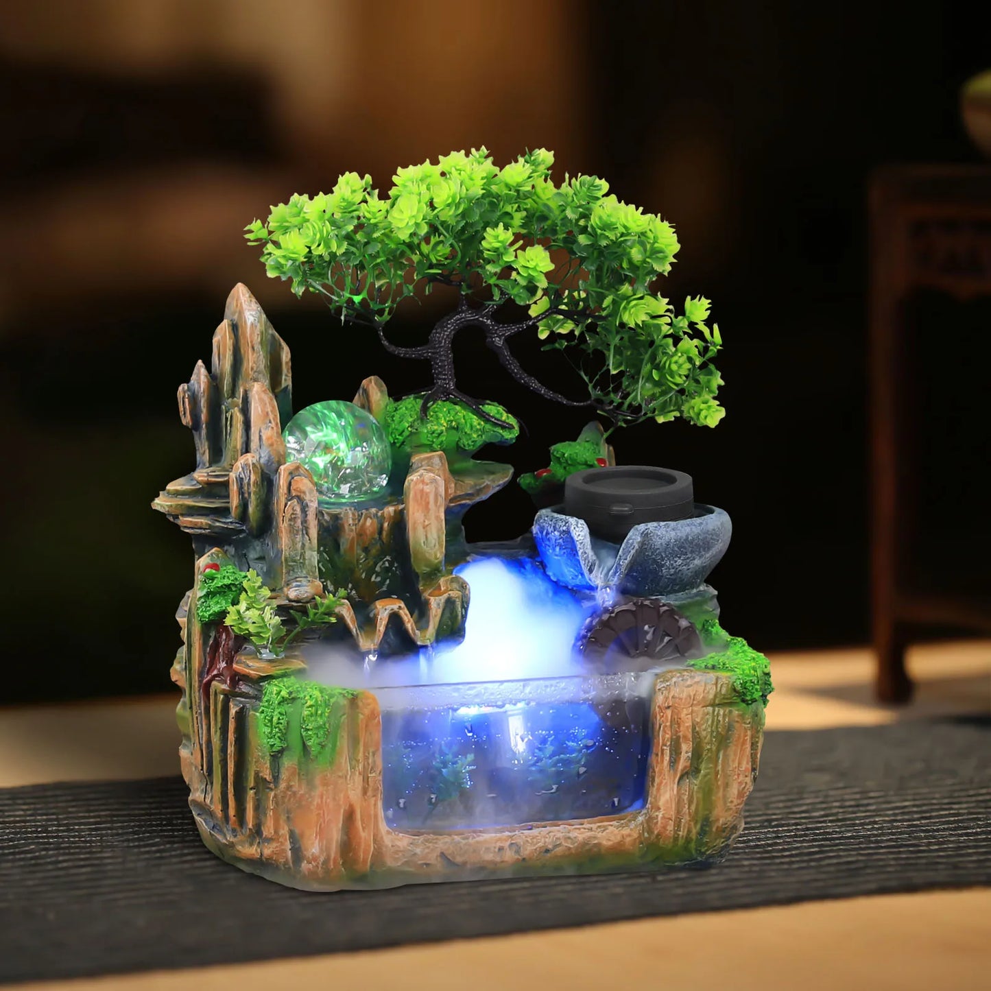 Small Rockery Water Fountain with LED Light & Mist Effect, Elegant Indoor Tabletop Decor for Home, Office, Living Room, Bedroom