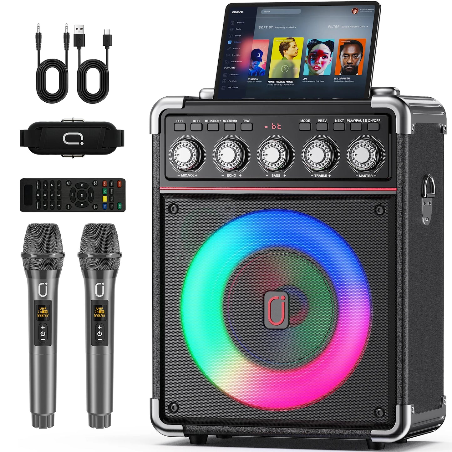 FanFun Karaoke Machine with 2 Wireless Mics & 1 Wired Mic,Portable Bluetooth Karaoke Speaker with LED Lights for Kids and Adults