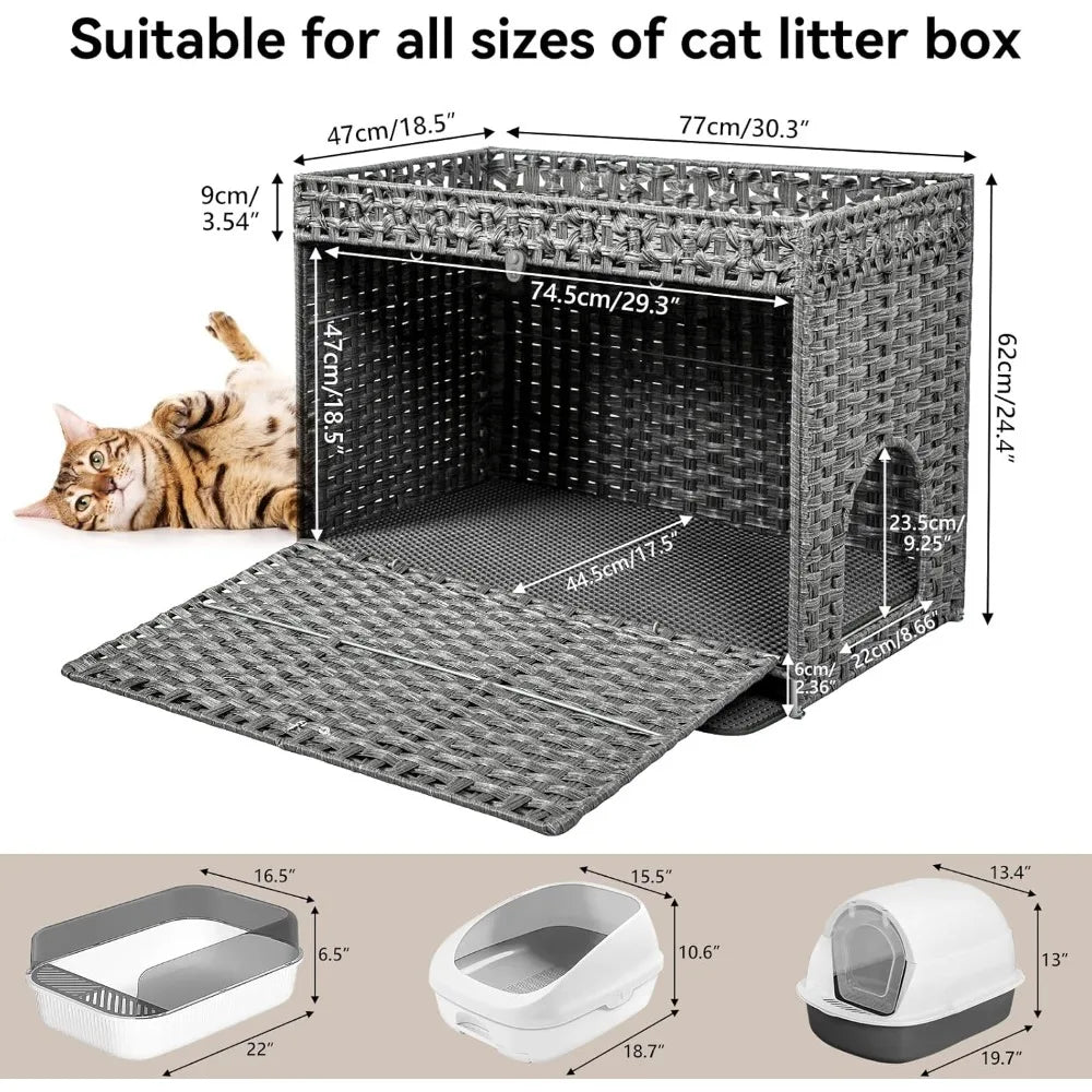 Hidden Litter Box Furniture for Large Cats: Handwoven Rattan Pet House with Door
