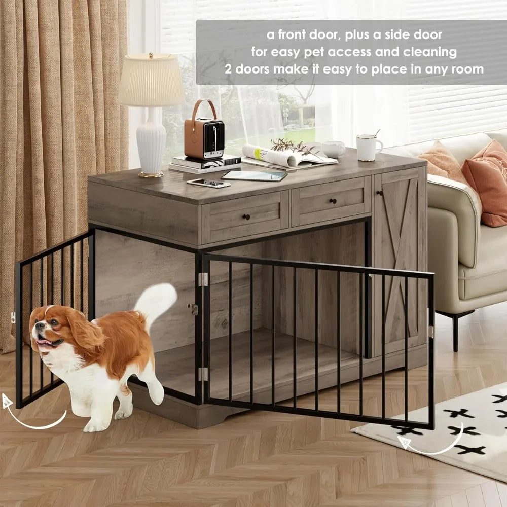 Wooden Dog Crate Furniture, Double Door Pet Kennel with 2 Drawers & Storage Cabinet, Farmhouse Style