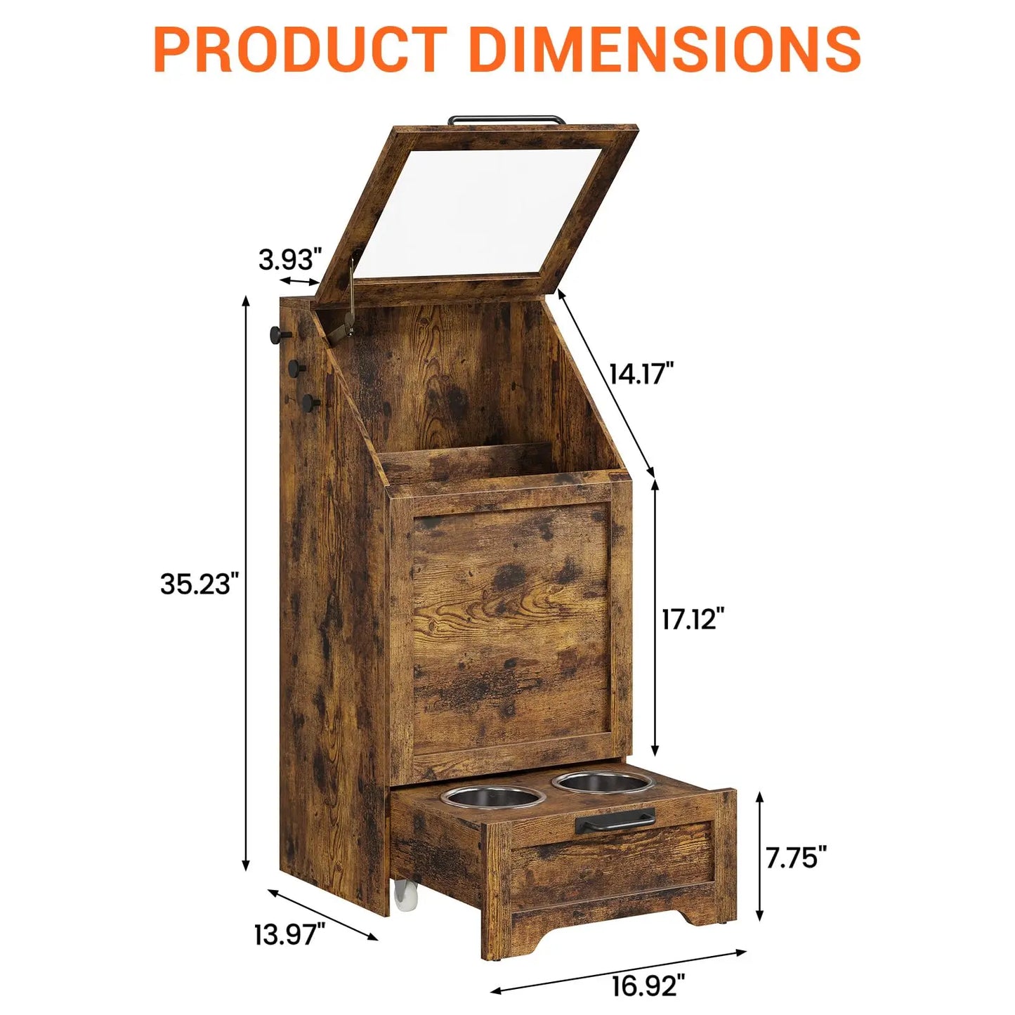 Large Dog Food Storage Cabinet with Flip Top - Pet Feeding Station & Organizer w/Transparent Lid, Side Hooks for Leashes - Multi