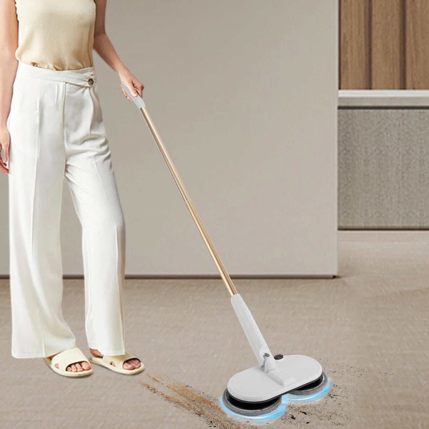 Cordless Spin Mop with Rechargeable Lithium Battery Adjustable Height with 4 Pads Use for Home Cleaning