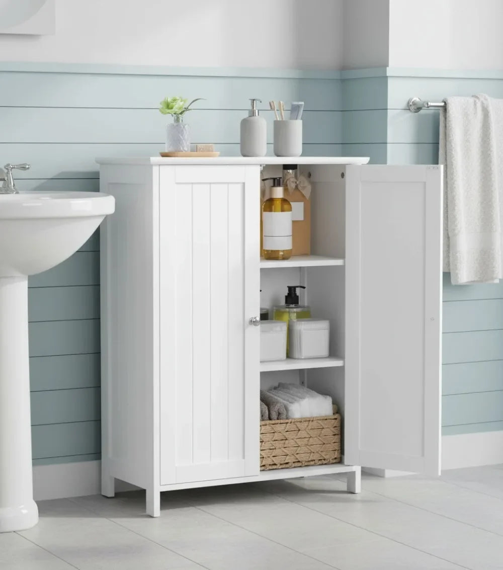 White Bathroom Floor Cabinet with Double Doors & Adjustable Shelves for Home Storage