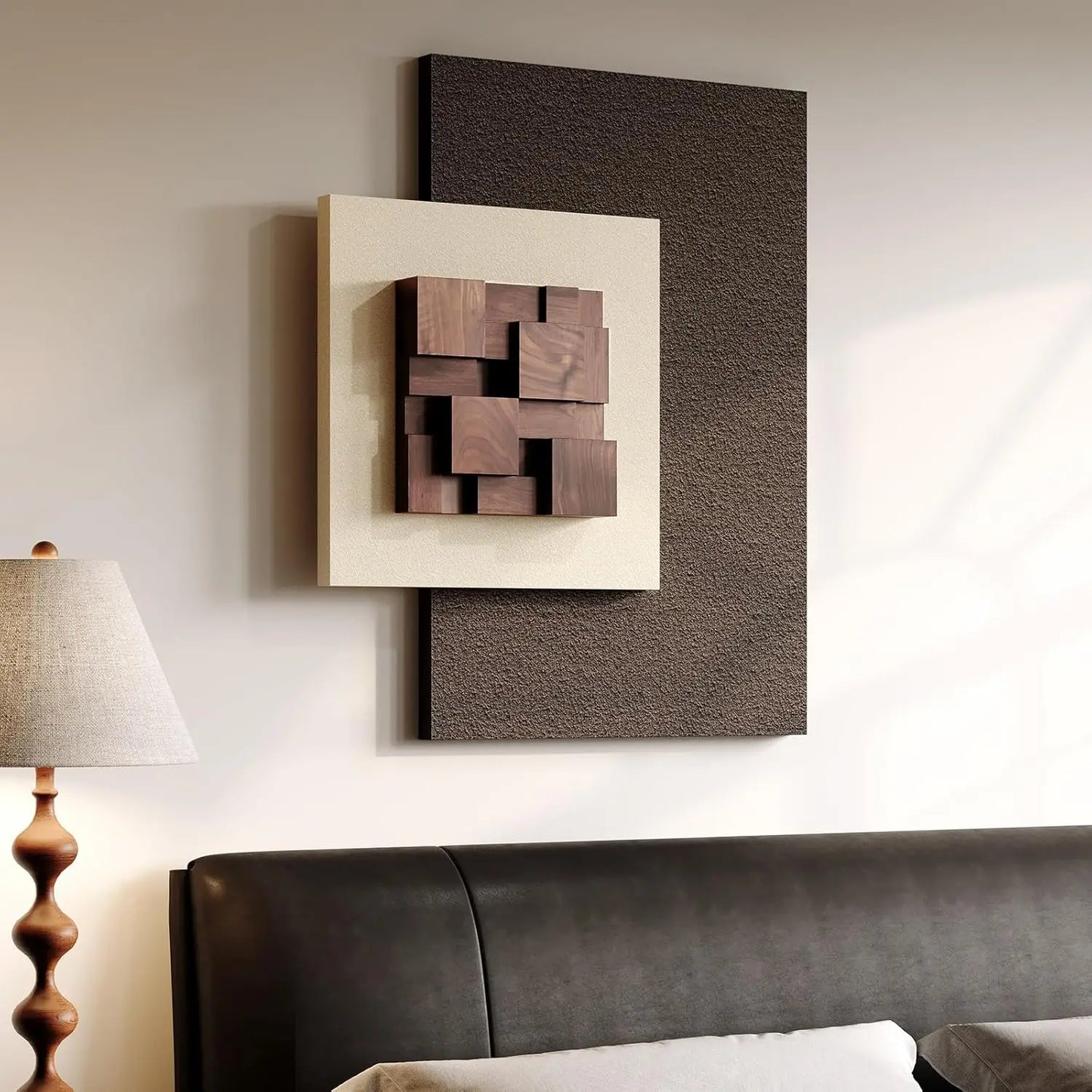 3D Wood Textured Large Neutral Abstract Wall Art, Modern Beige Brown Geometric Paintings Artwork for Walls-Minimalist Wooden