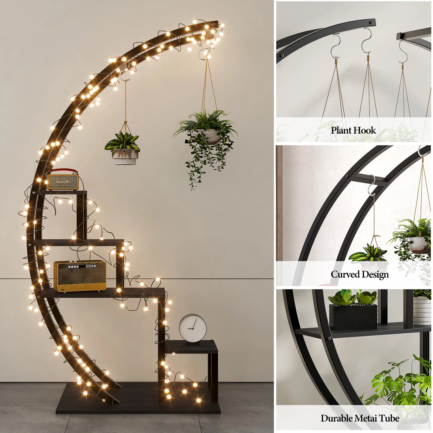 5-Tier Metal Plant Stand Indoor, Half Moon Shape Tall Garden Plant Holder, Round Flower Shelf Rack with 6 Hanging Hooks for Home