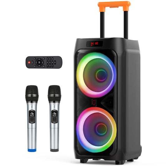 Karaoke Machine with 2 Wireless Microphones, Portable Bluetooth Speaker for Adults & Kids, Big Party PA System with Disco Lights