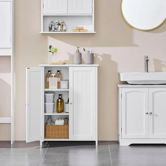 White Bathroom Floor Cabinet with Double Doors & Adjustable Shelves for Home Storage
