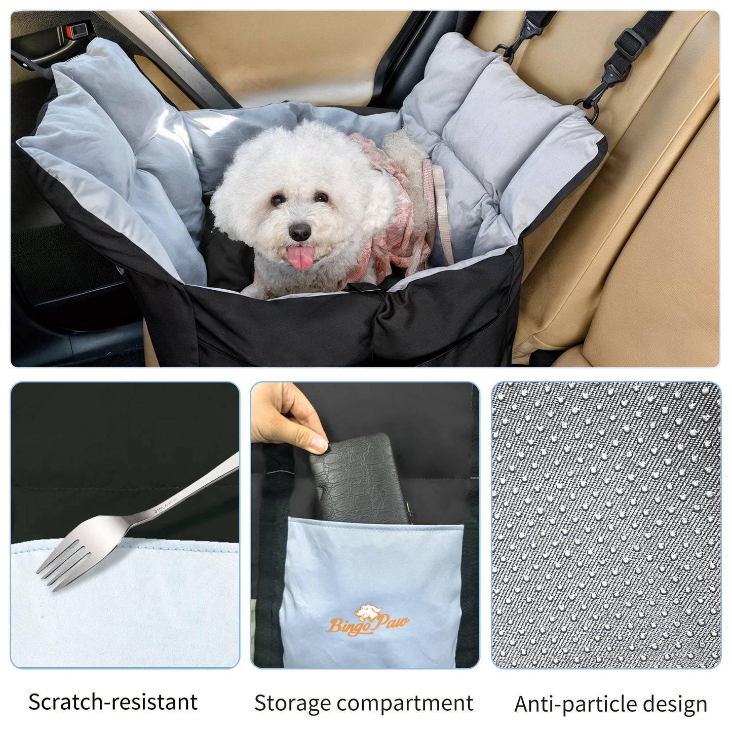 Dog Car Travel Bed Carrier With ClipOn Leash And Pockets