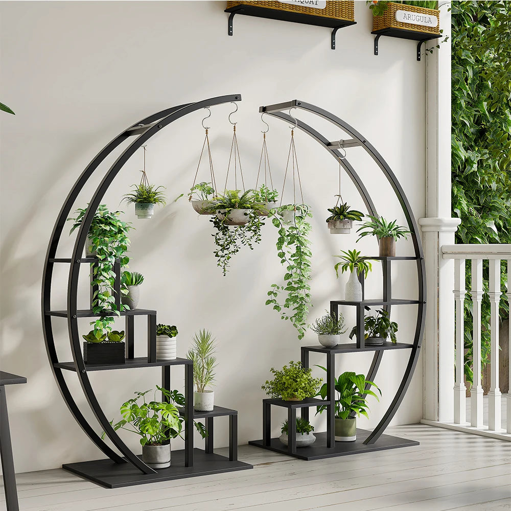 5-Tier Metal Plant Stand Indoor, Half Moon Shape Tall Garden Plant Holder, Round Flower Shelf Rack with 6 Hanging Hooks for Home