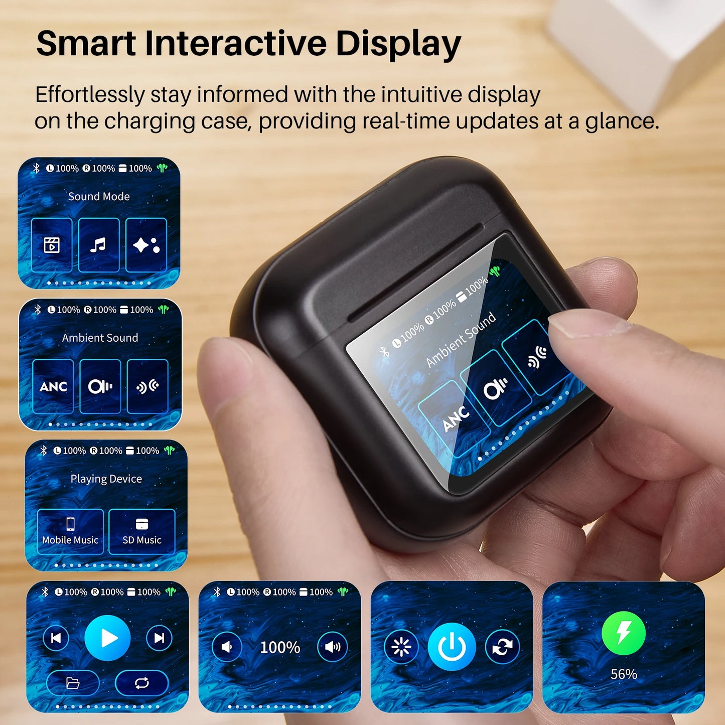 Wireless Earbuds with LCD Touch Screen Control ANC Noise Cancelling Earphones Music/Game/Movie Mode Immersive