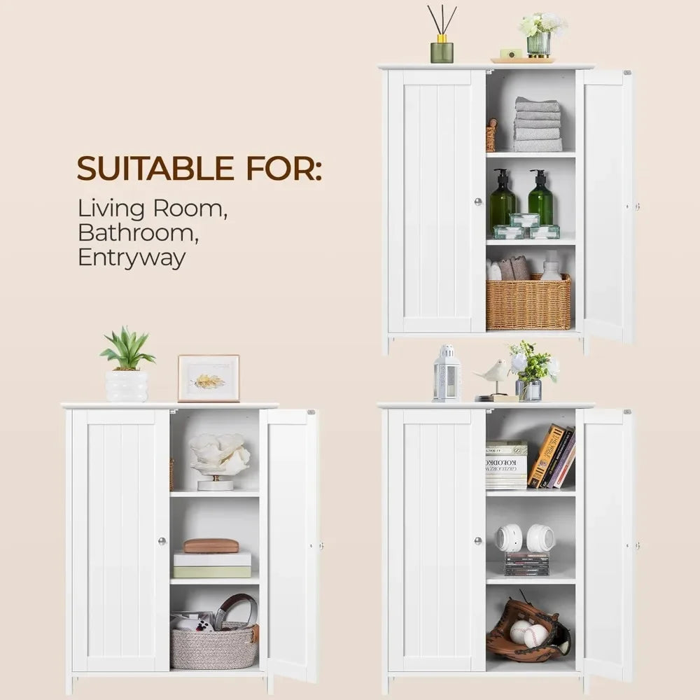 White Bathroom Floor Cabinet with Double Doors & Adjustable Shelves for Home Storage