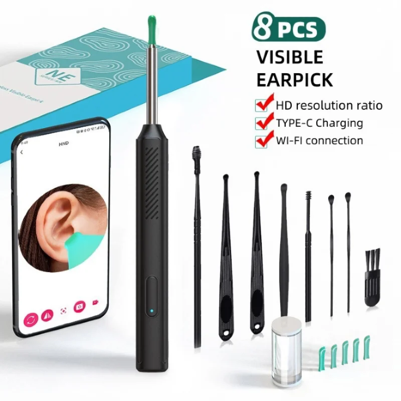 Ear wax removal camera tool set, 1080P high-definition, LED light, APP viewing, with 6 replaceable spoon heads, USB charging
