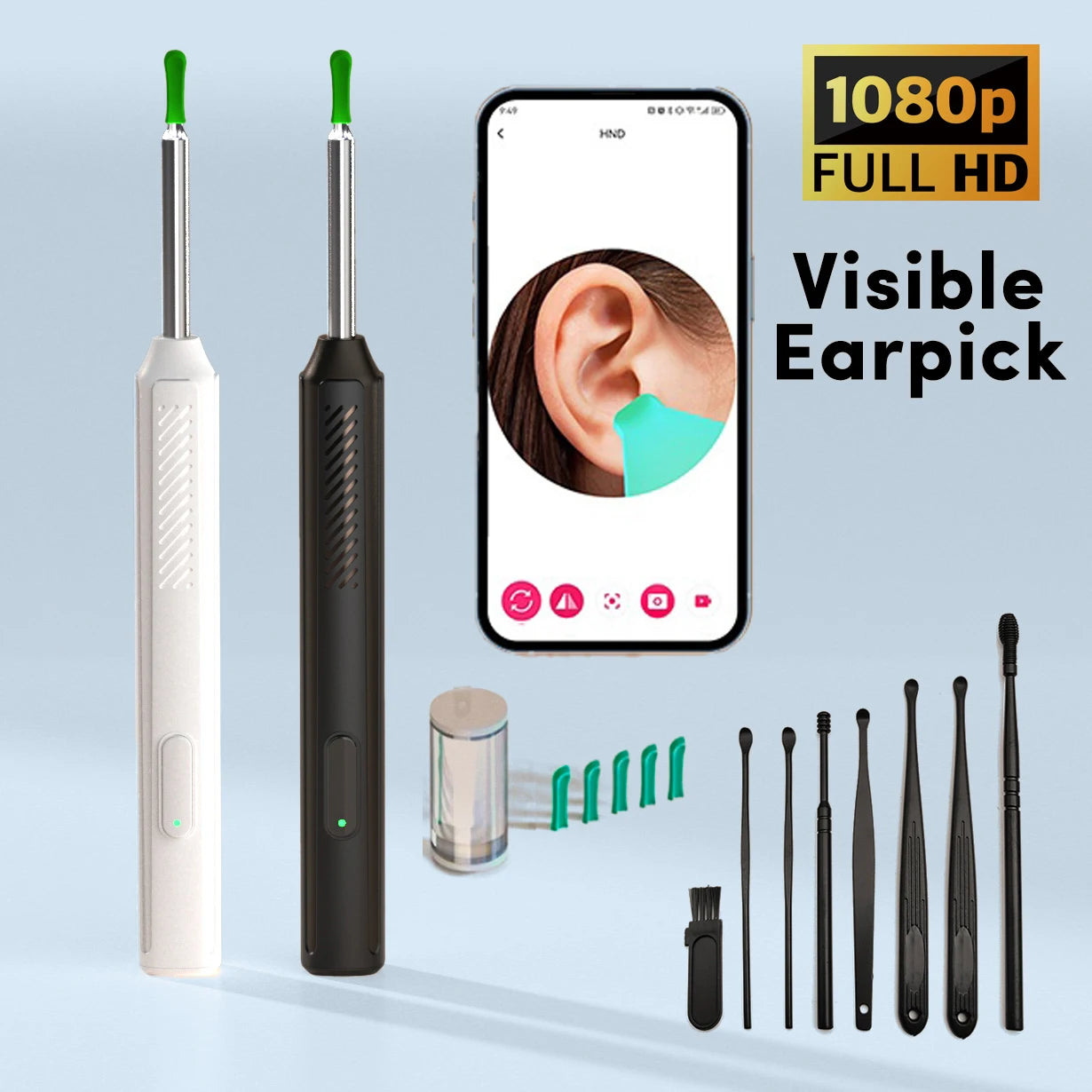 Ear wax removal camera tool set, 1080P high-definition, LED light, APP viewing, with 6 replaceable spoon heads, USB charging